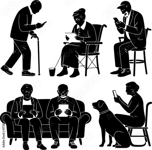 Seniors Enjoying Digital Devices  Autumn Edition Vector Bundle