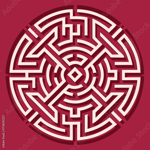 Intricate abstract geometric maze pattern design with bold colors and sharp lines