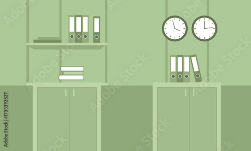 Green toned office illustration with file folders clocks and storage cabinets ideal for corporate background or design element featuring organized workspace concept