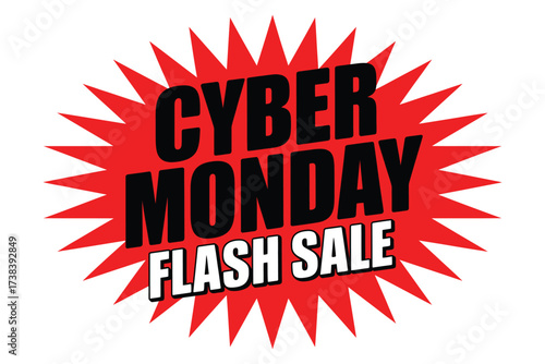 Vibrant red burst graphic announces Cyber Monday flash sale, perfect for online retail promotions.