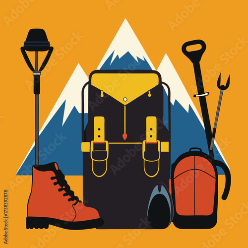 Collection of mountain climbing and outdoor adventure gear silhouettes for design projects