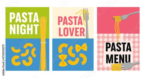 Three colorful pasta-themed graphic designs, featuring different pasta shapes and text, ideal for menus or promotional materials.