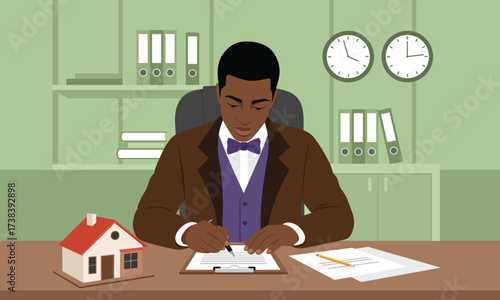 African American Realtor Signing Documents at Desk with House Model Representing Real Estate Market and Property Investment Opportunities for Home Ownership