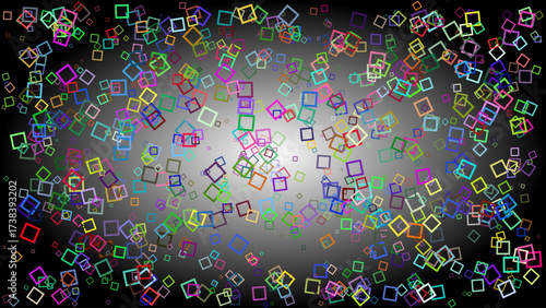 Random scattered colorful square frames on a background with a color gradiant from black to white. Outlines of colorful squares. Abstract geometric vector background. 
