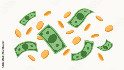 Falling green banknotes and gold coins illustrating financial success