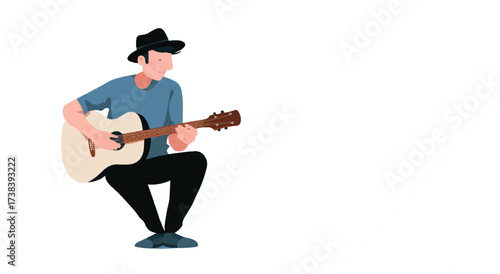 Man in hat playing acoustic guitar with passion and style on an isolated background vector illustration