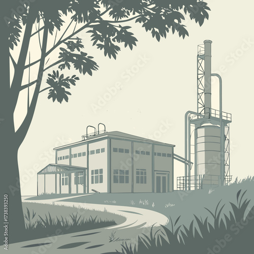 A stylized illustration of a factory building with a tall smokestack and a winding road leading to it surrounded by grass and a large tree