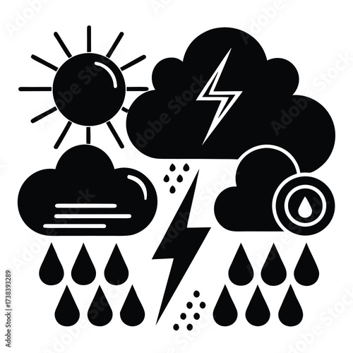 Comprehensive collection of black and white weather icons for diverse meteorological conditions and forecasting