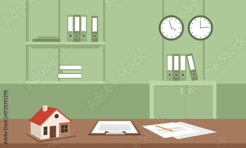 Real Estate Agents Office with Model House and Contract Documents on Desk Depicting Property Investment and Paperwork Involved in Home Buying and Selling Processes
