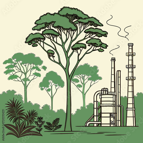 Industrial factory chimneys emitting smoke amidst lush green trees and tropical foliage representing environmental contrast