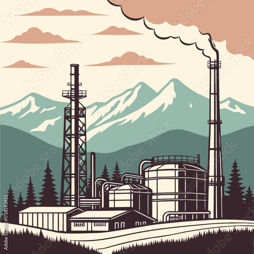 Industrial factory complex with smokestacks and storage tanks against a backdrop of snow capped mountains and pine trees