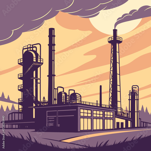 Industrial factory complex with smokestacks and pipelines silhouetted against a dramatic cloudy sky at sunset