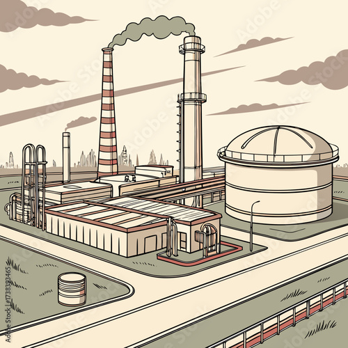 Industrial factory complex with smokestacks emitting smoke and a large storage tank under a cloudy sky