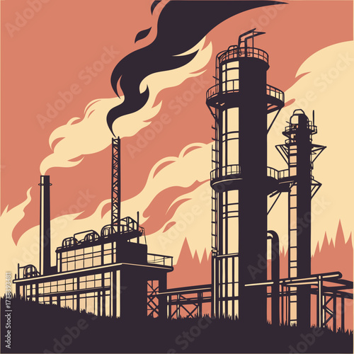Industrial factory silhouette with smoke billowing from smokestacks against a warm stylized sky at sunset