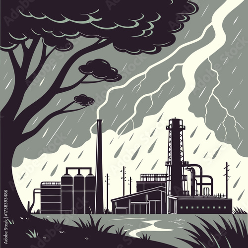 Industrial factory with smokestacks emitting smoke under a stormy sky with lightning and heavy rain