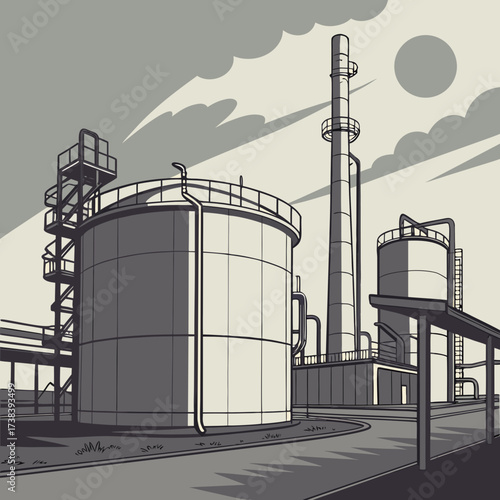 Industrial landscape illustration featuring large storage tanks and a tall chimney against a cloudy sky