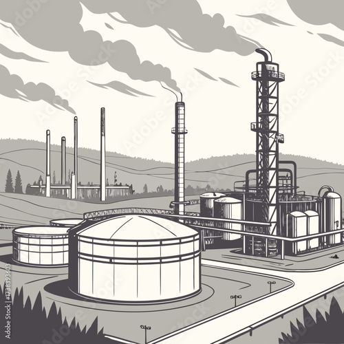 Industrial oil refinery complex with large storage tanks and smoking chimneys under a cloudy sky