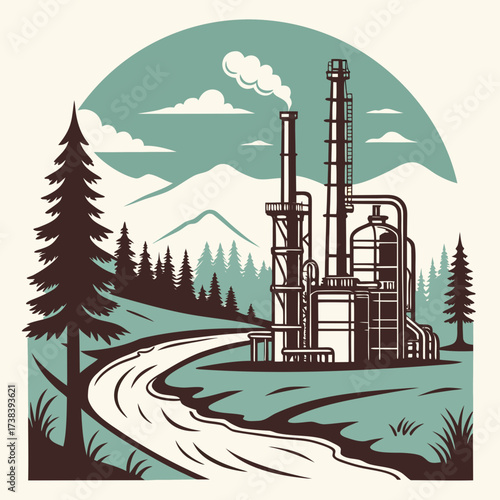 Industrial oil refinery complex with smoking chimneys set against a backdrop of pine trees and mountains