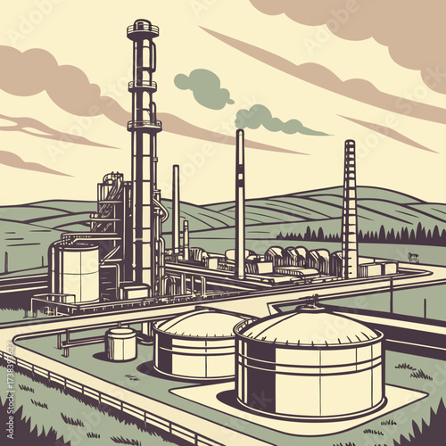 Industrial oil refinery complex with large storage tanks and smokestacks emitting steam against a cloudy sky