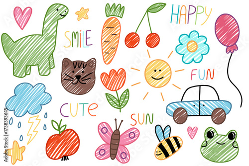 Kids drawing illustration. Colorful crayon doodle set with cute animals, fruits, flowers, sun, clouds and playful handwritten words. Fun children’s drawing  for kids design, decoration and education. 