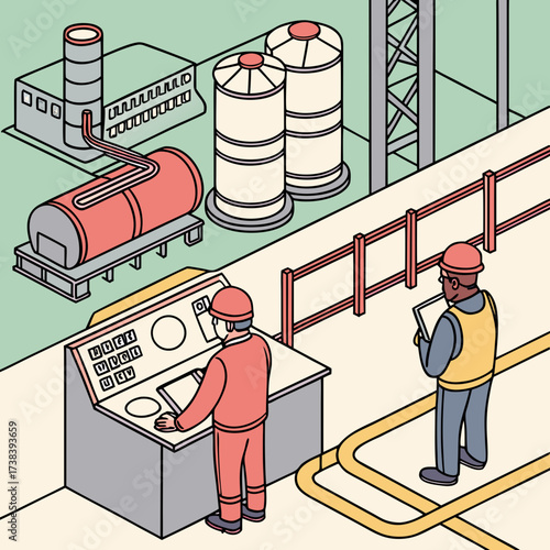 Industrial plant workers monitoring operations at a control panel and with a tablet near storage tanks and pipelines