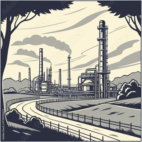 Industrial oil refinery complex with tall smokestacks and intricate piping systems under a cloudy sky