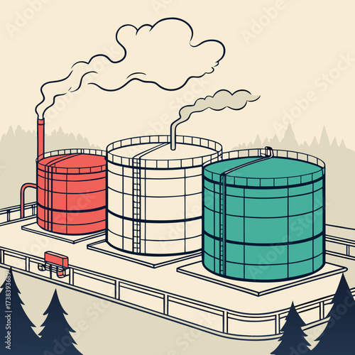 Industrial storage tanks with smoke rising from a chimney and pipes in a stylized landscape with trees