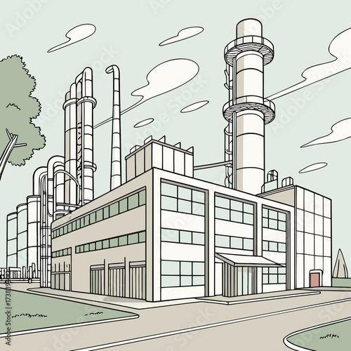 Modern industrial factory building with tall smokestacks and complex pipe systems under a cloudy sky