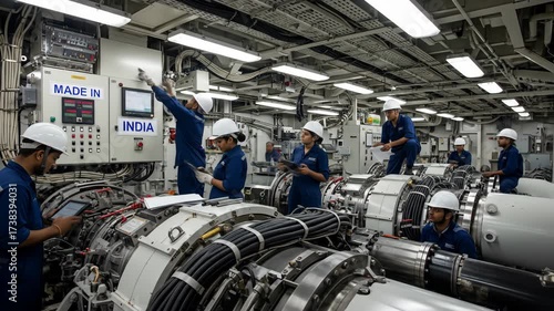 Indian Naval Engineers Maintaining Advanced Machinery Underneath Deck of a Modern Ship Promoting Made in India Initiative