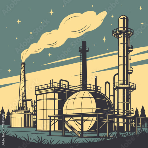 Retro industrial refinery complex with smoke billowing from a tall smokestack under a starry night sky
