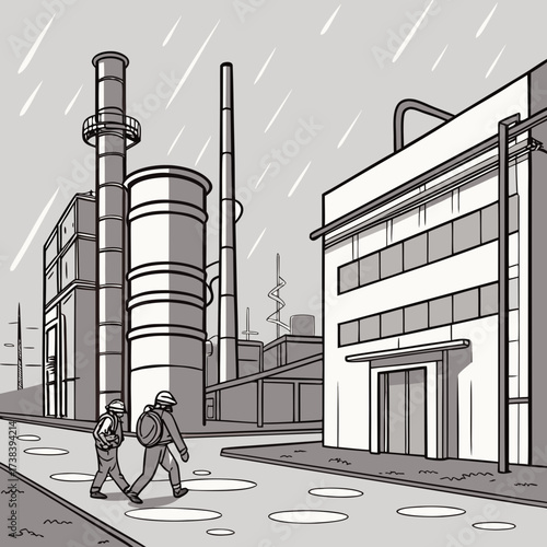 Two industrial workers in protective gear walk through a rainy industrial complex with large smokestacks and factory buildings