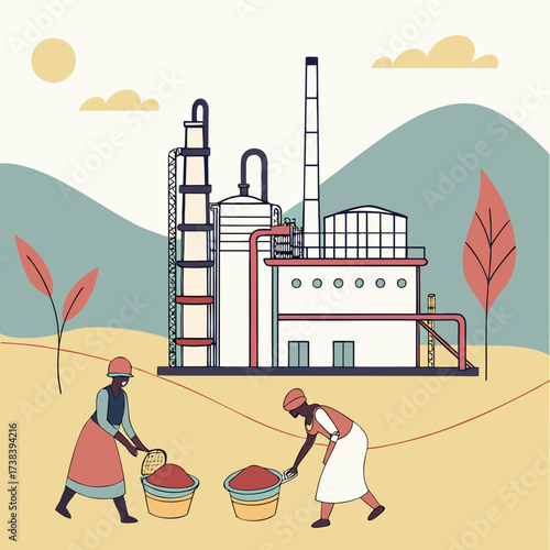 Two women working in front of a large industrial factory with a mountain landscape and a sun in the background