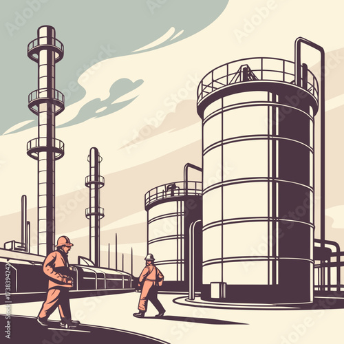 Two workers in hard hats and protective suits walk through an industrial refinery with large storage tanks and tall smokestacks under a cloudy sky