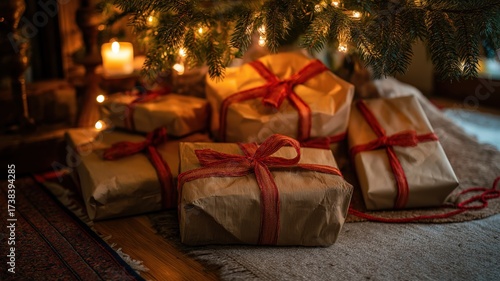 Rustic Christmas gifts wrapped in brown paper tied with red twine under glowing pine tree lights