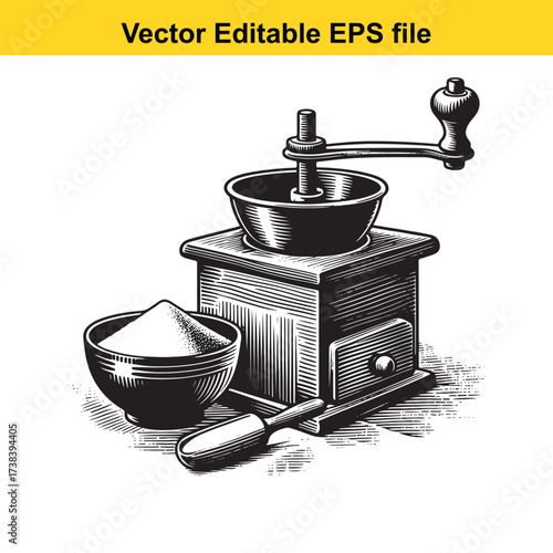Vector art of vintage coffee grinder with bowl of sugar