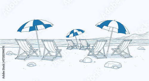 Hand-drawn illustration of a tranquil beach with empty deck chairs and umbrellas by the sea.