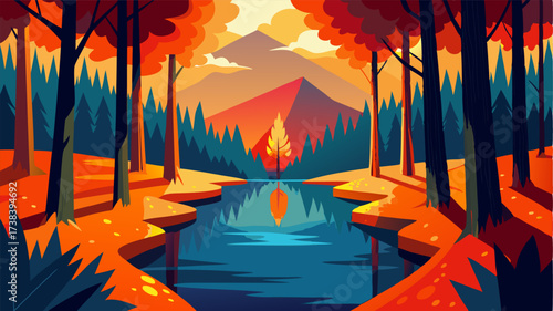 Deep in the heart of the forest a river reflects the autumnal leaves creating a stunning reflection of the fiery foliage.