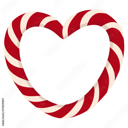 Heart-shaped Christmas lollipop. Isolated candy with red and white stripes. Vector caramel for decorating a Christmas tree, room, or gift. Holiday decor. Bagel for tea