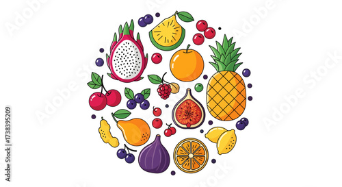 A vibrant circular arrangement of various colorful cartoon fruits and berries, including pineapple, dragon fruit, oranges, lemons, figs, pears, cherries, and blueberries, on a white background.
