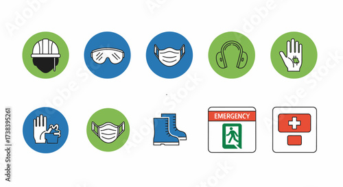 Workplace safety icons essential personal protective equipment and emergency signs for a secure environment