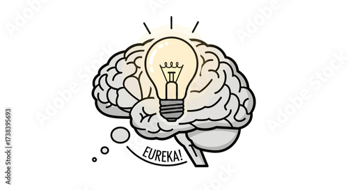 Illustration of a brain with a lightbulb inside, representing an idea or eureka moment.