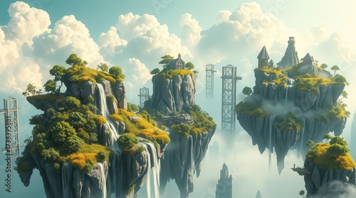 Floating islands with lush greenery and waterfalls cascading down the cliffs