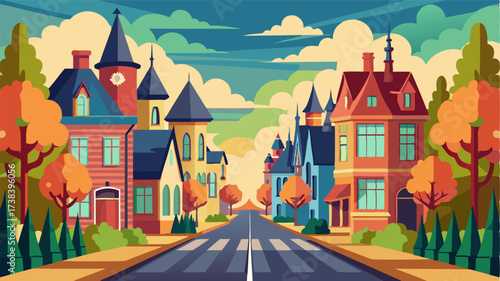 A treelined boulevard flanked by rows of Victorian townhouses their colorful facades and intricate turrets creating a charming oldworld atmosphere.
