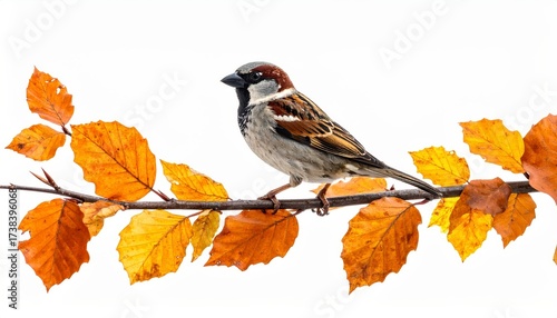 A single sparrow perches on a branch with autumn leaves isolated on a white background. Bird on limb fall foliage plain backdrop avian wildlife nature image simple scene.