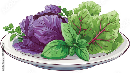 Fresh Plate of Colorful Vegetables with Purple Leaf and Green Background