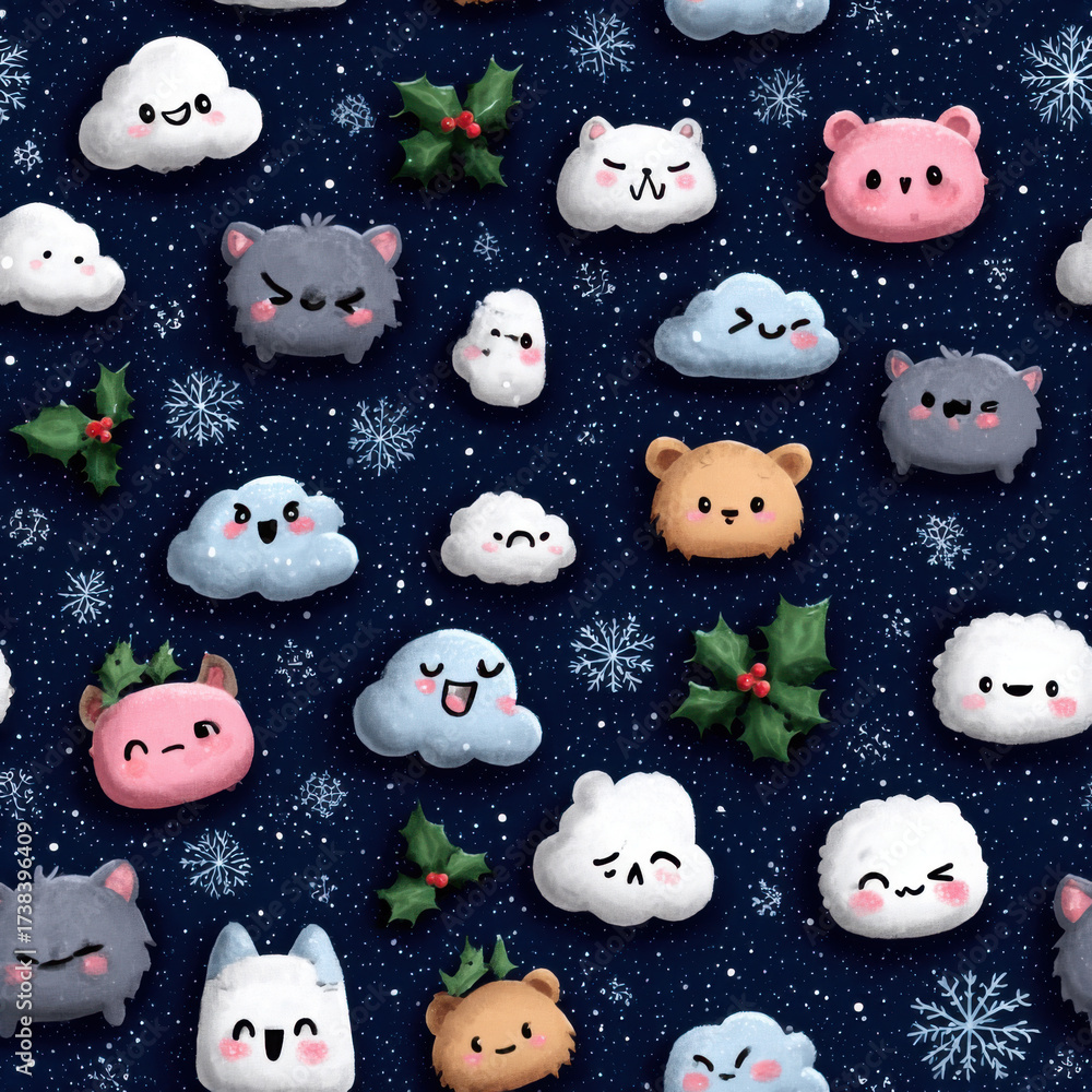 Fototapeta premium Cute Christmas Cartoon Seamless Pattern: A whimsical and festive illustration, showcasing a cheerful seamless pattern. Each element is designed to bring joy and holiday cheer.