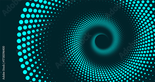 An illustration with bright concentric circles of turquoise dots on a dark background. The composition creates a sense of movement and depth, as if the viewer is looking into a funnel or tunnel of lig