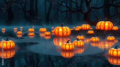 Glowing pumpkins float on a misty lake in a spooky halloween night scene