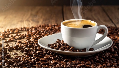 Steaming hot coffee cup surrounded by roasted beans on a rustic wooden table.