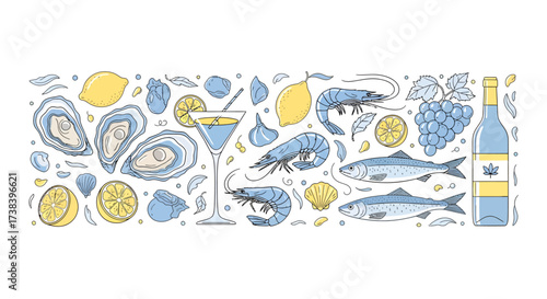 Hand-drawn illustration of fresh seafood, lemons, grapes, and white wine, arranged in a decorative pattern on a white background.